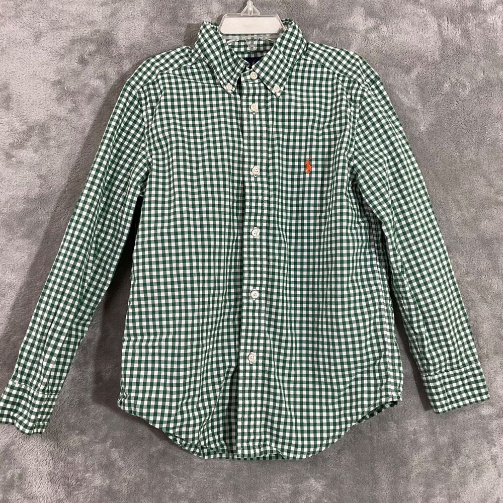 Polo Ralph Lauren Shirt Green Gingham Long Sleeve Size 7 Youth Preppy